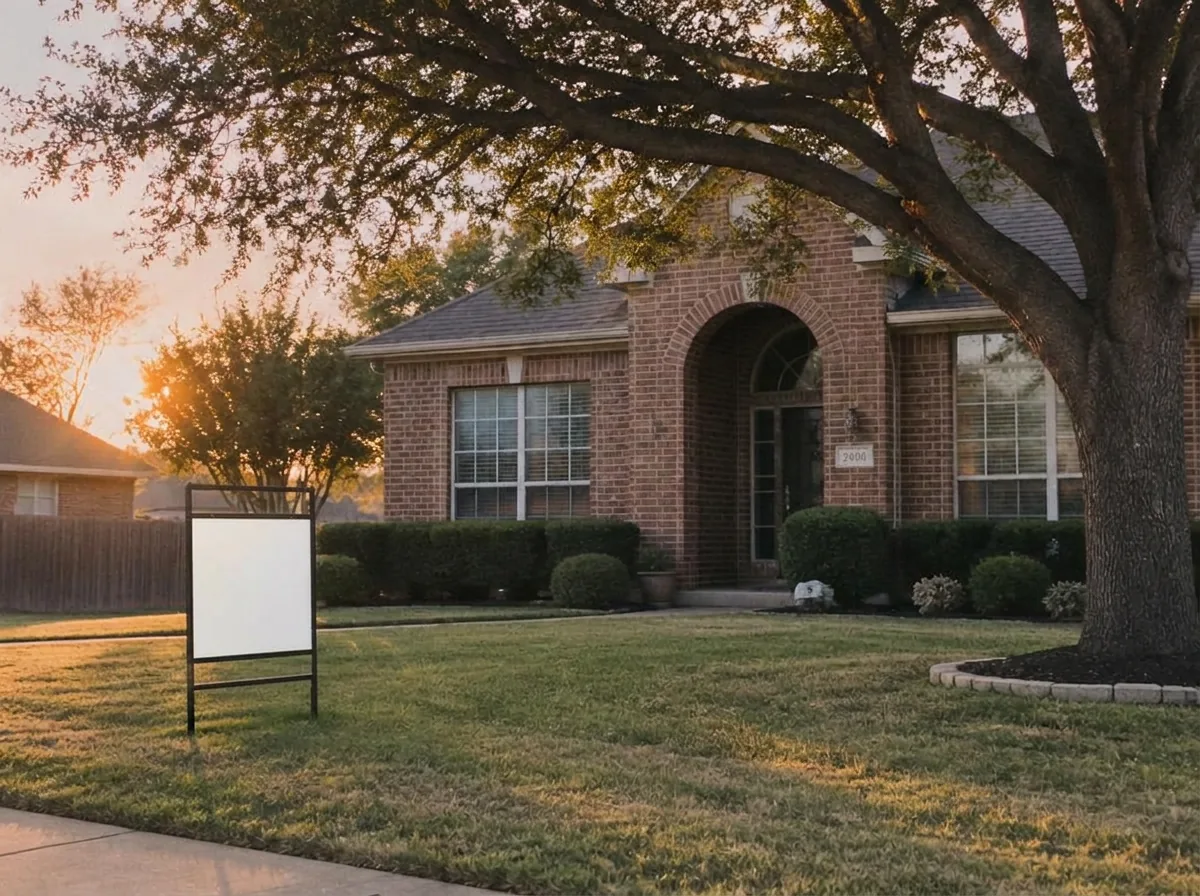 Brick Texas home with a for sale sign at golden hour